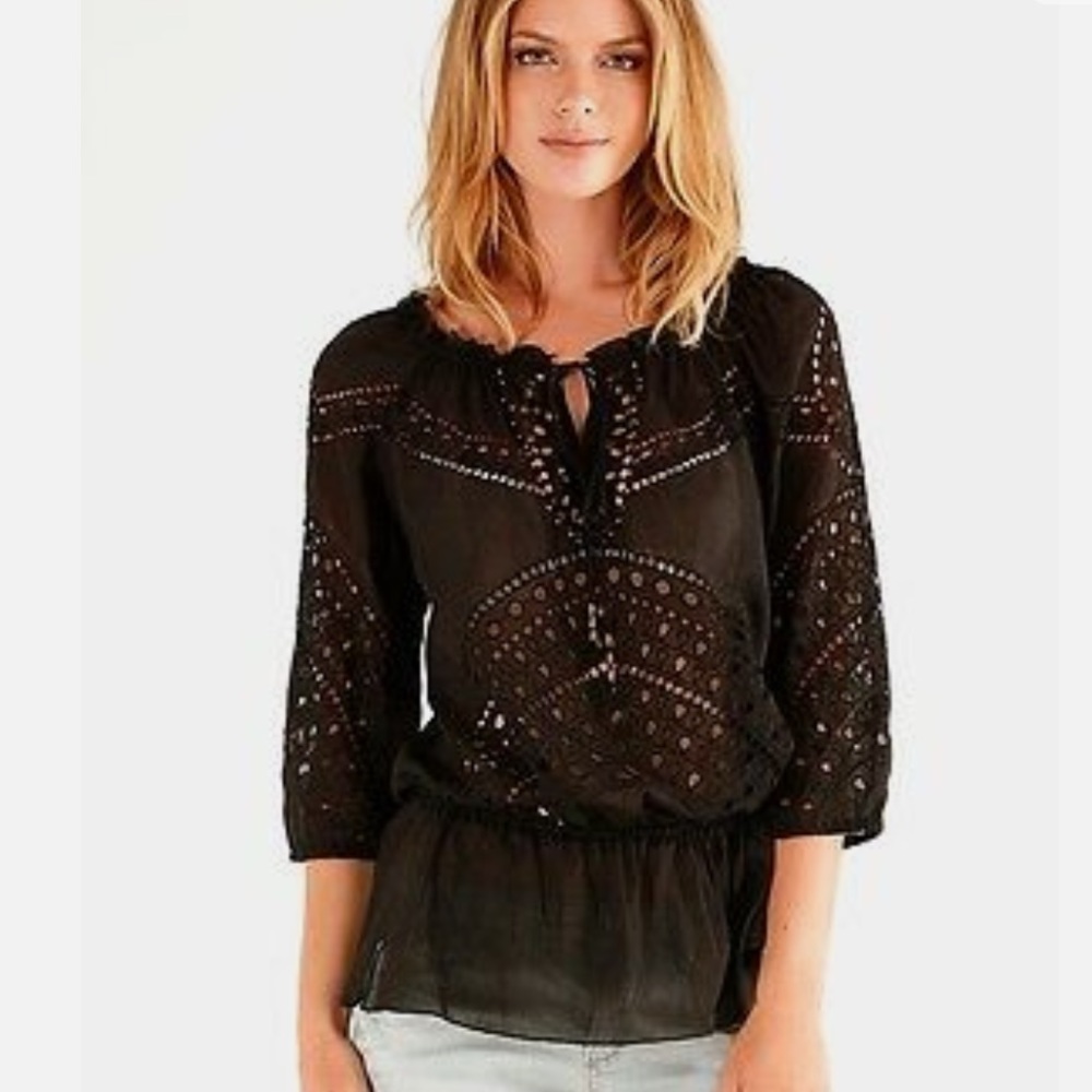 Hale Bob Cotton Crochet Black Tunic Top with Beaded Details